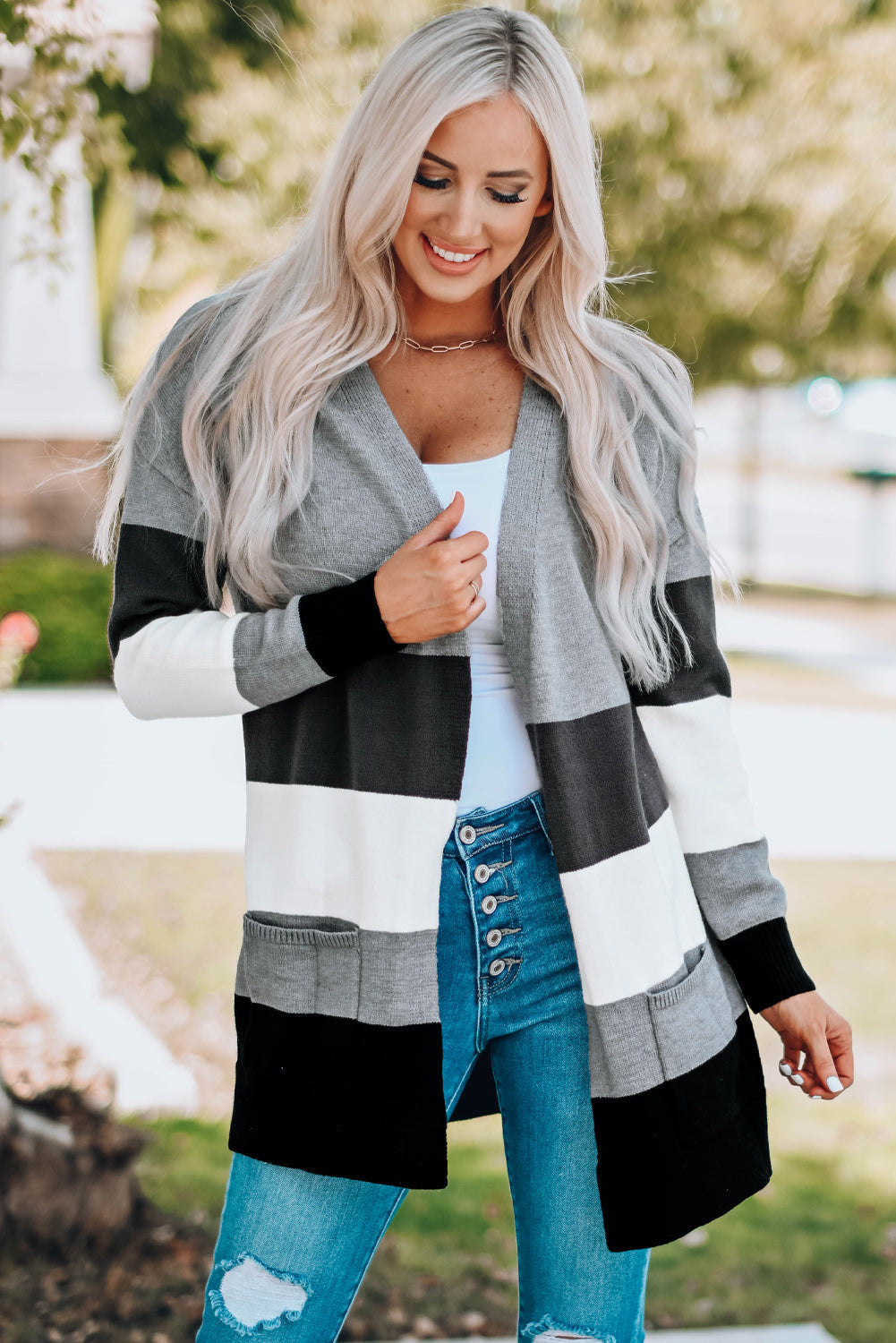 Berg-Feldt | Farbblock Offene Front Rippbündchen Cardigan mit Taschen