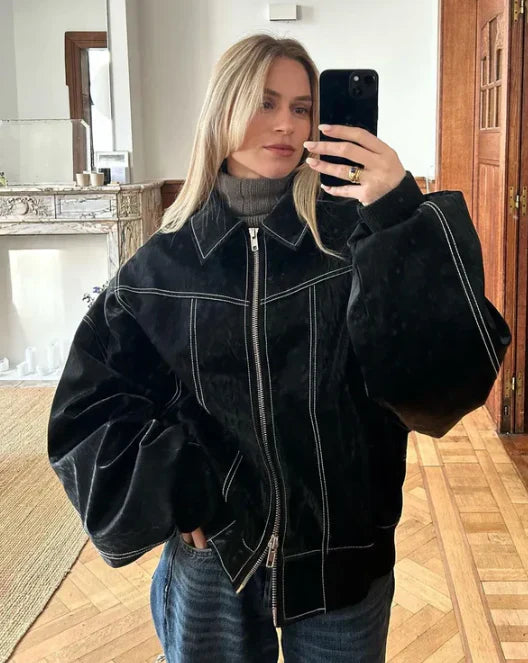 Berg-Feldt | Übergroße Weinlese Lederjacke für Lässigen Schicken Stil