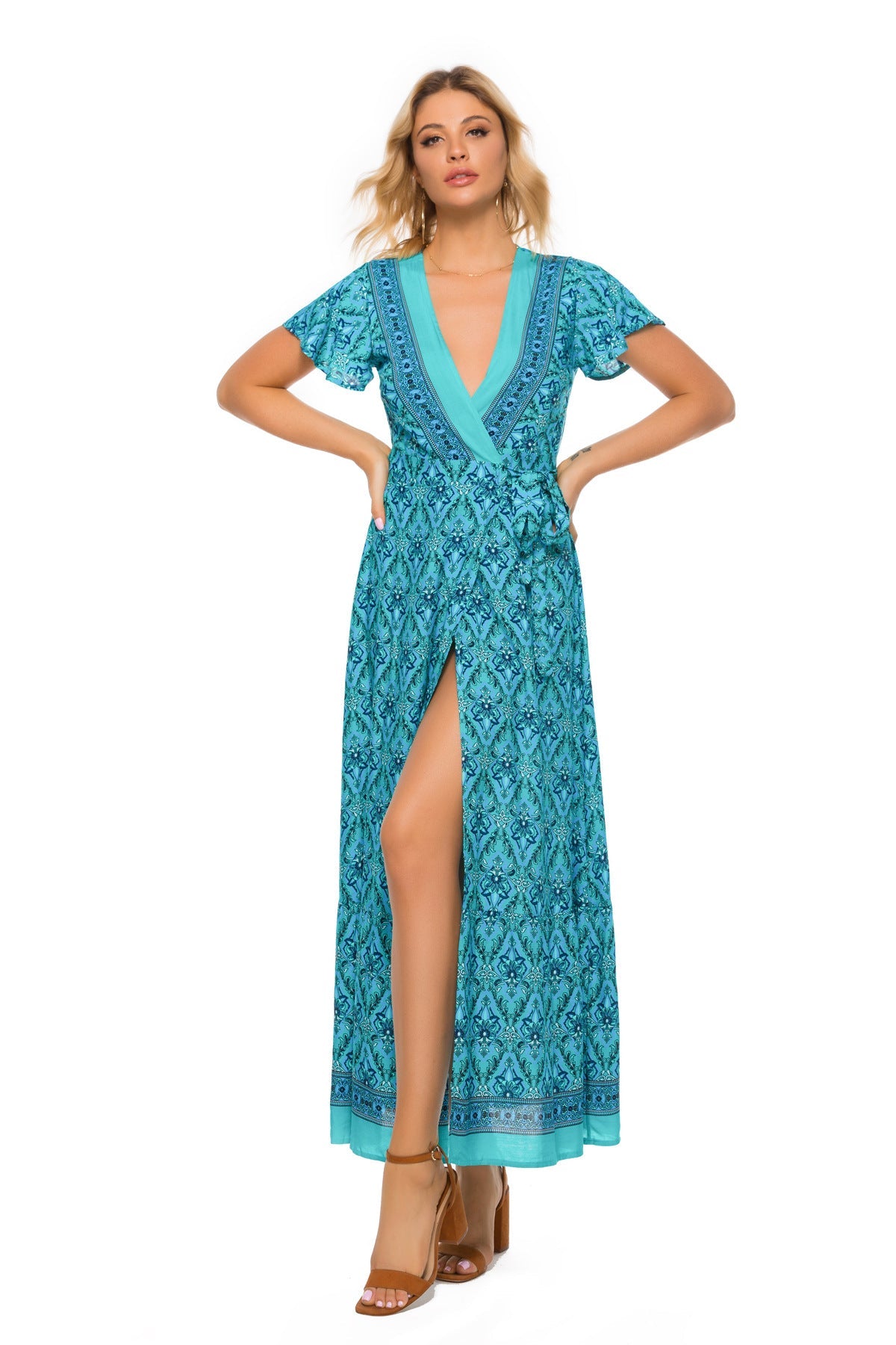 Wickel-Maxikleid für Damen mit Blumenmuster und Bindegürtel von berg-feldt