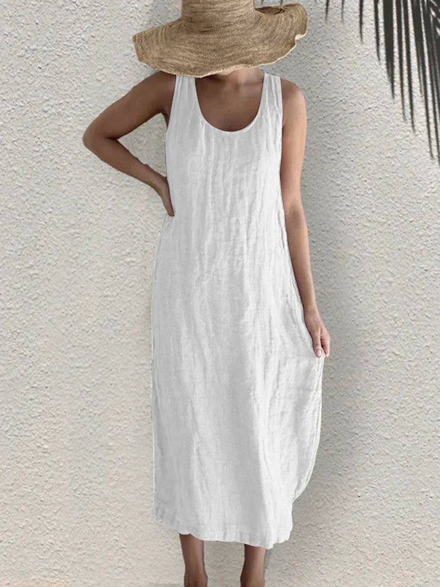 Baumwoll-Leinen Sommerkleid mit rundem Ausschnitt und ohne Ärmel von berg-feldt