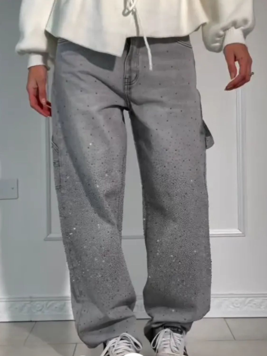 Jeans Berg-Feldt pour femme : Coupe large, délavé, avec strass