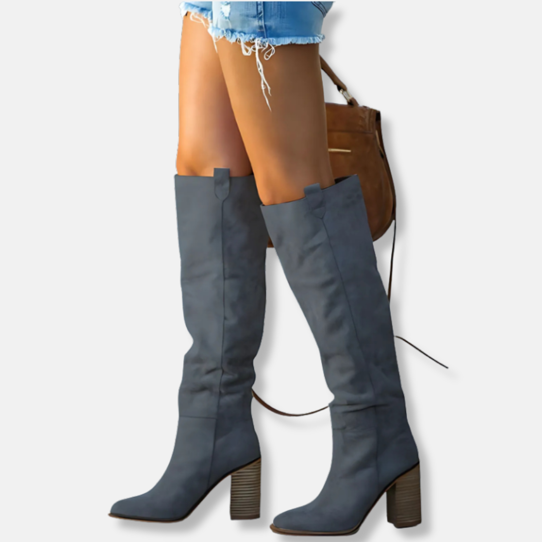 Berg-Feldt | Knöchelhohe Stiefel - Wildlederähnliches Textil - Chunky Blockabsatz - Spitz Zulaufende Zehen