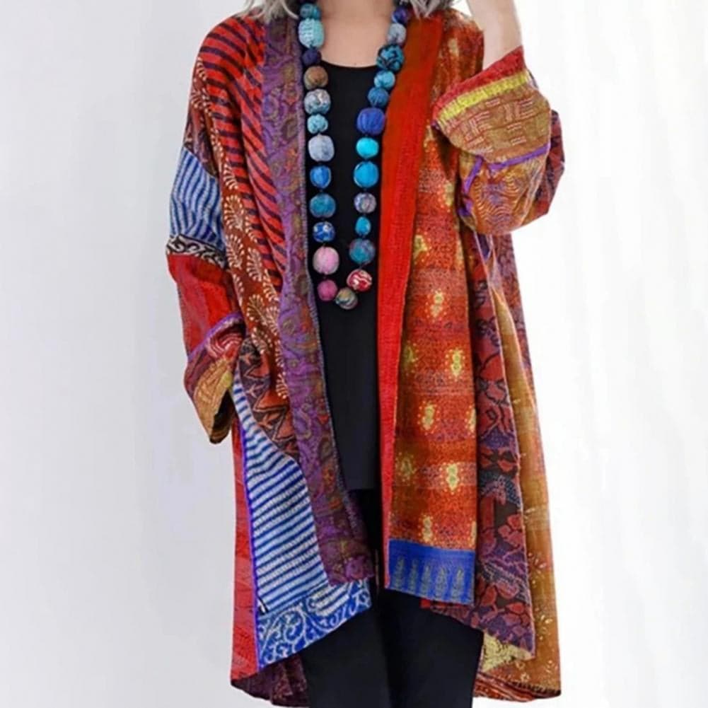 Berg-Feldt | Kimono-Jacke - Bohemian-Patchwork-Design - Leicht und Luftig - Langärmlig Offene Vorderseite