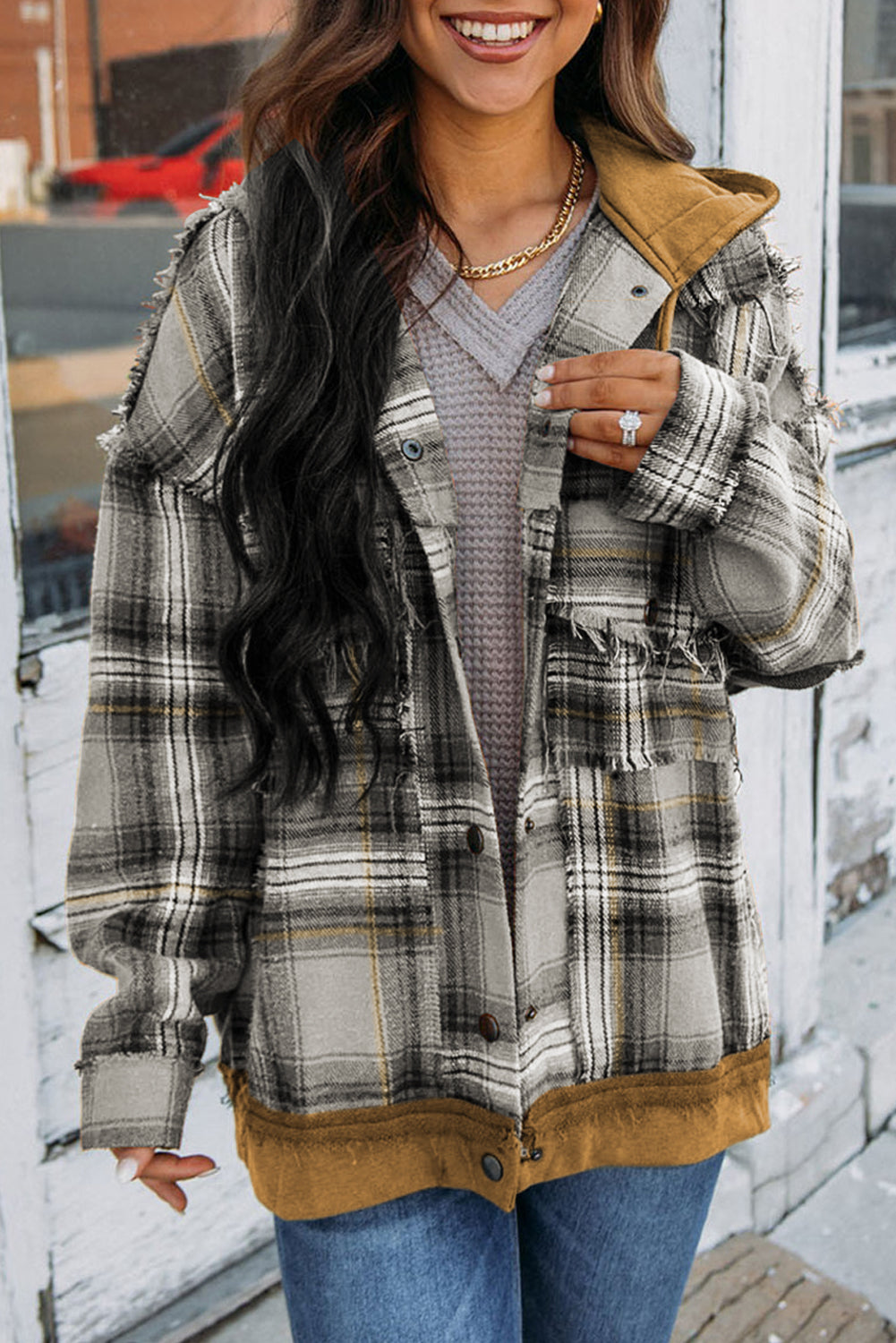 Berg-Feldt | Karierte Jacke mit Kapuze und Rohen Kanten Baumwolle Lässig und Trendy