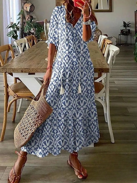 Robe berg-feldt pour femme : longue, imprimée, avec manches 3/4 et encolure en V