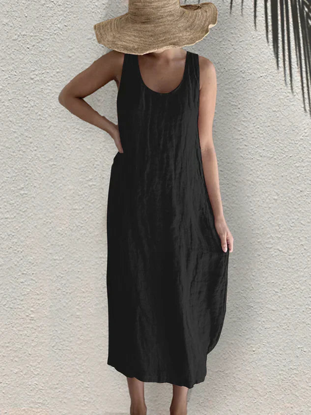 Baumwoll-Leinen Sommerkleid mit rundem Ausschnitt und ohne Ärmel von berg-feldt