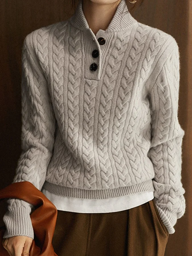 Damen-Pullover mit Zopfmuster und Knopfleiste