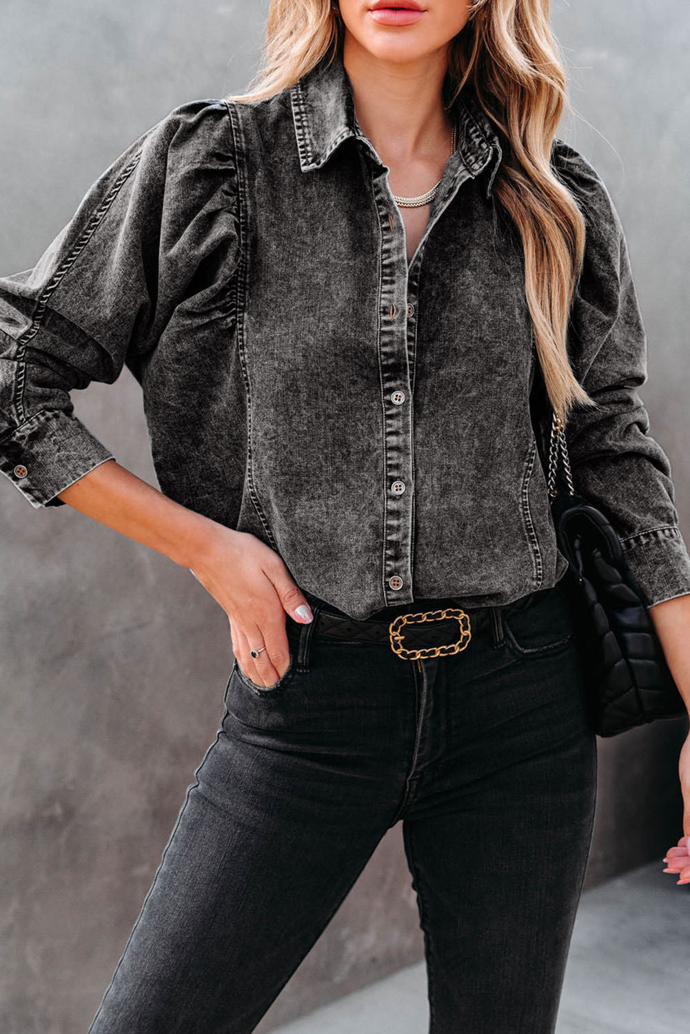 Berg-Feldt | Denim-bluse mit Puffärmeln Baumwolle Klassischer und Eleganter Stil