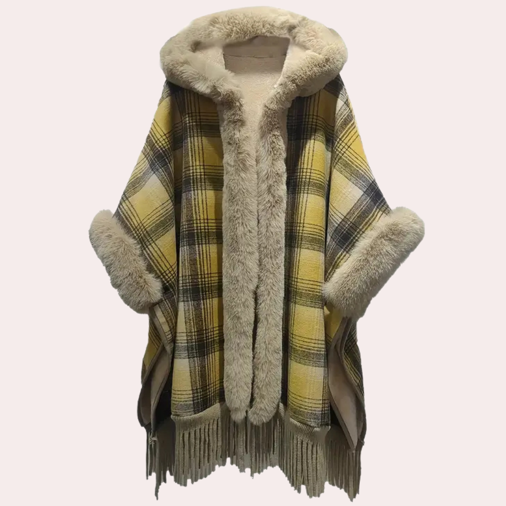 Berg-Feldt | Poncho-Jacke - Luxus-Damenumhang mit Kapuze und Fake-Fur-Besatz