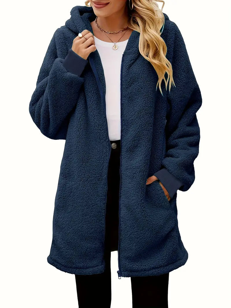 Veste d'hiver chaude Yuriel à capuche, manteau décontracté en fausse fourrure avec fermeture éclair