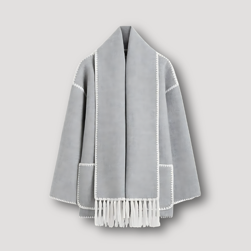Brenon Cardigan : Blanc, épaules tombantes, col châle, avec surpiqûres blanches