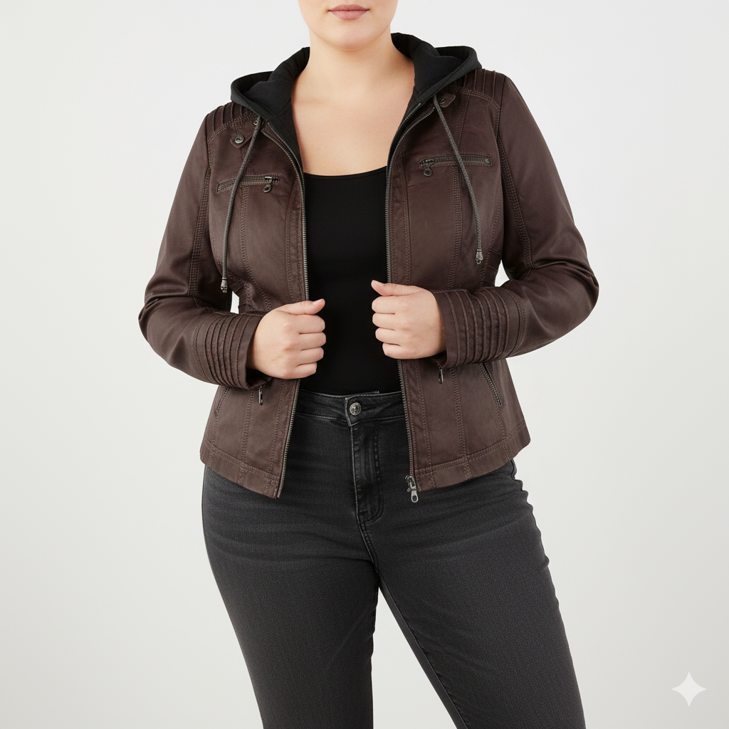 Blouson motard femme en similicuir avec capuche | Grandes tailles (L-3XL)
