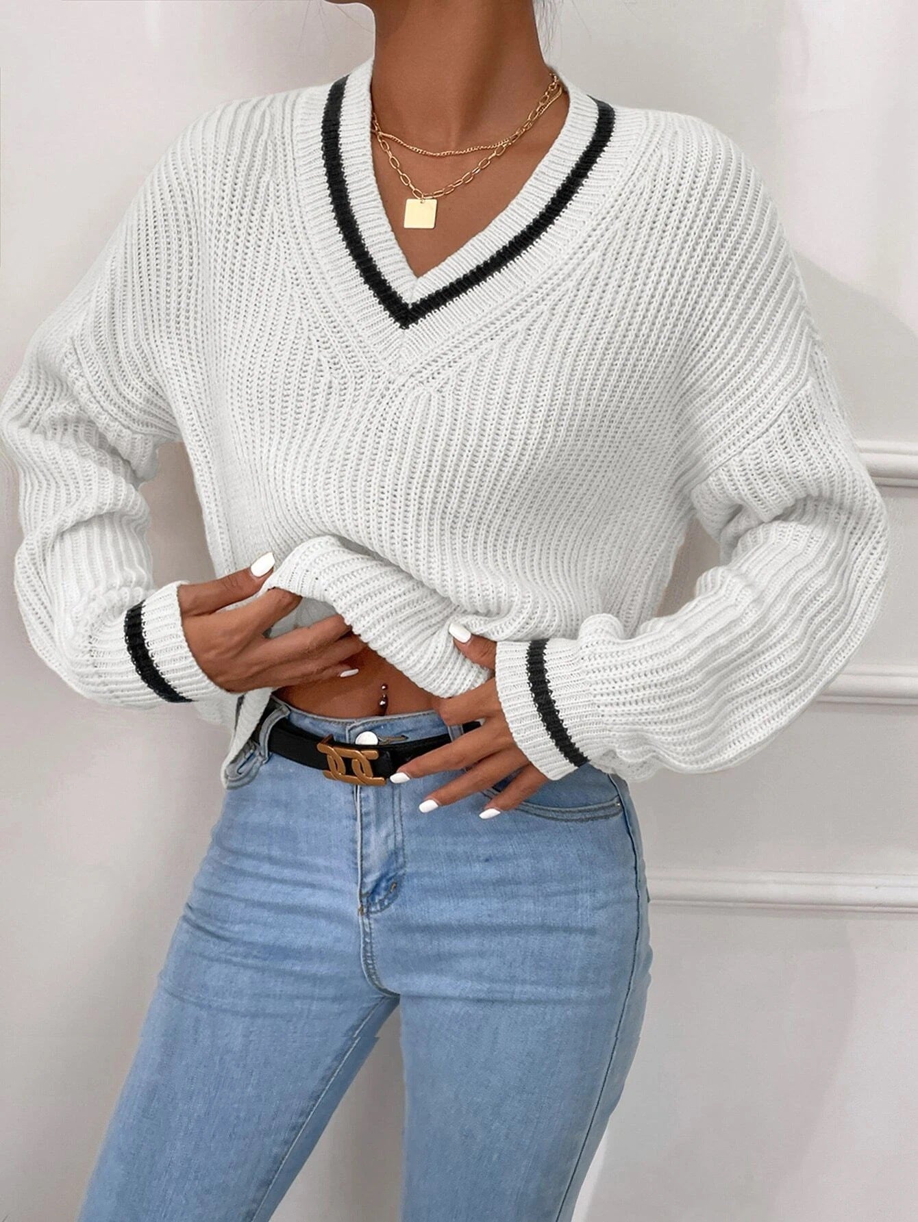 Berg-Feldt | Pullover mit V-Ausschnitt und Patchwork