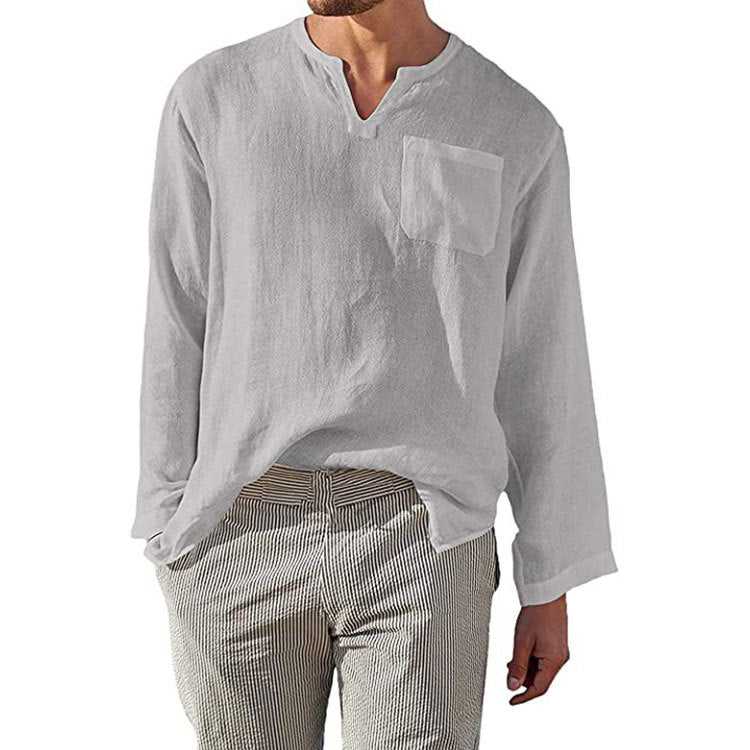 T-shirt homme en lin à manches longues, col Henley et poche poitrine Berg-Feldt