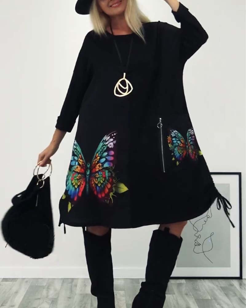 Asymmetrisches Damenkleid mit Schmetterling-Print und Taschen von berg-feldt