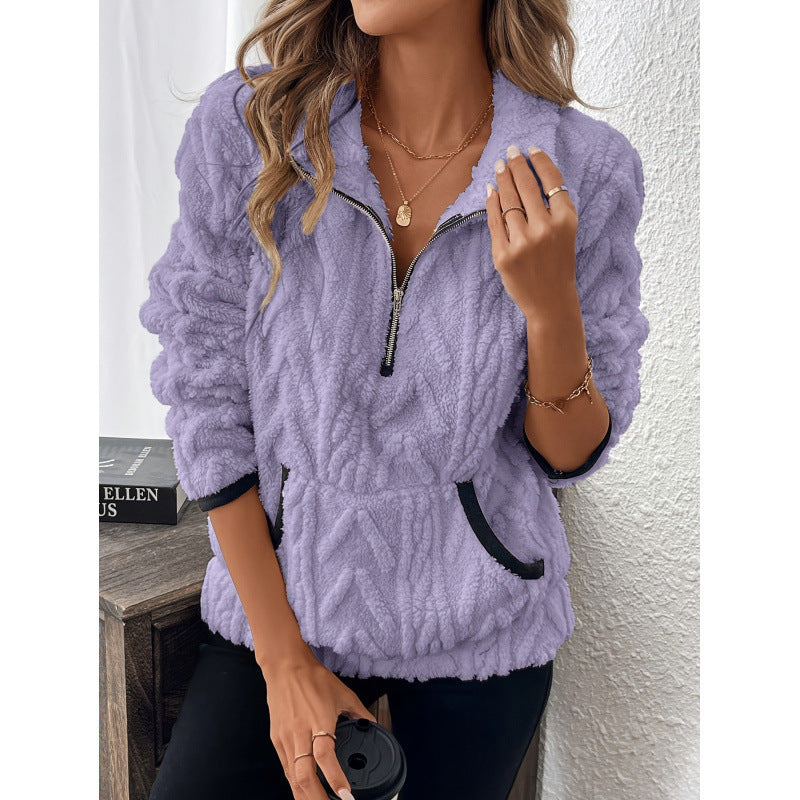 Pull en molleton demi-zip pour femme avec col montant et motif de montagne