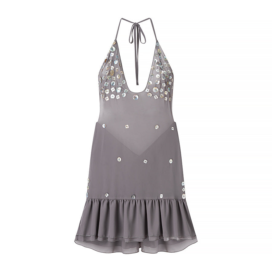 Women's Beaded Halter Mini Dress with Ruffle Detail by berg-feldt
