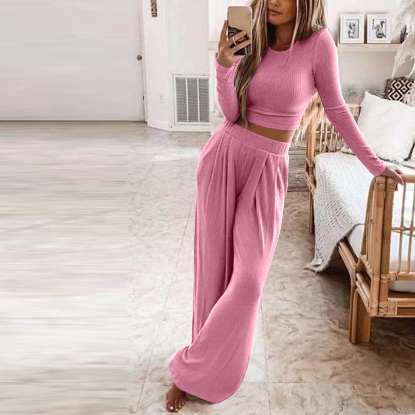 Damen Elegantes Lounge-Set mit langärmeligem Oberteil und weiten Hosen Berg-Feldt