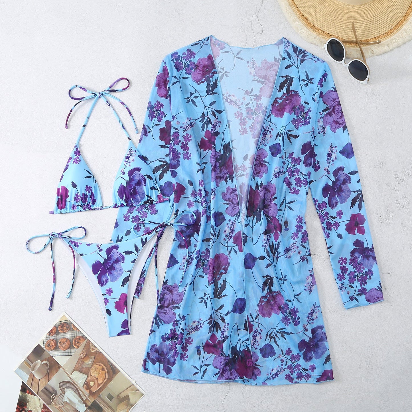 Ensemble de maillots de bain femme Berg-Feldt : Kimono fleuri et bikini triangle tendance