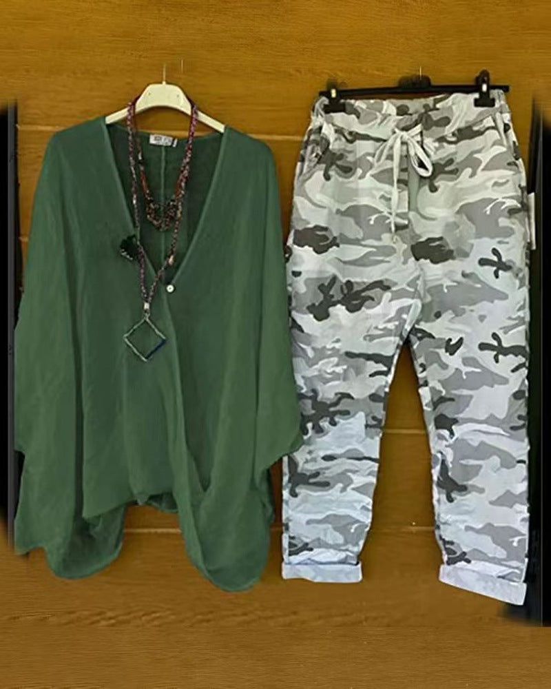 Army-style camouflage oversized tunic and cargo pants for women by berg-feldt