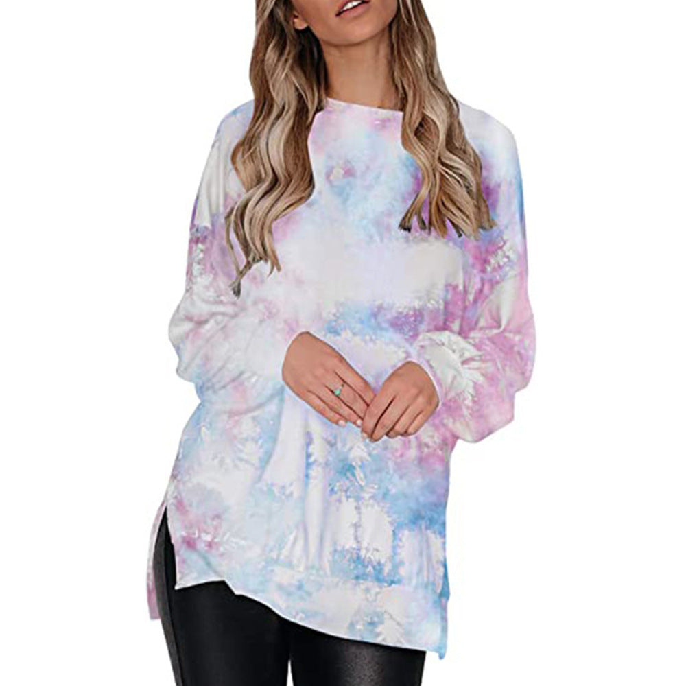 Modernes Damen-Sweatshirt mit asymmetrischem Saum und lässigem Tie-Dye-Muster von berg-feldt