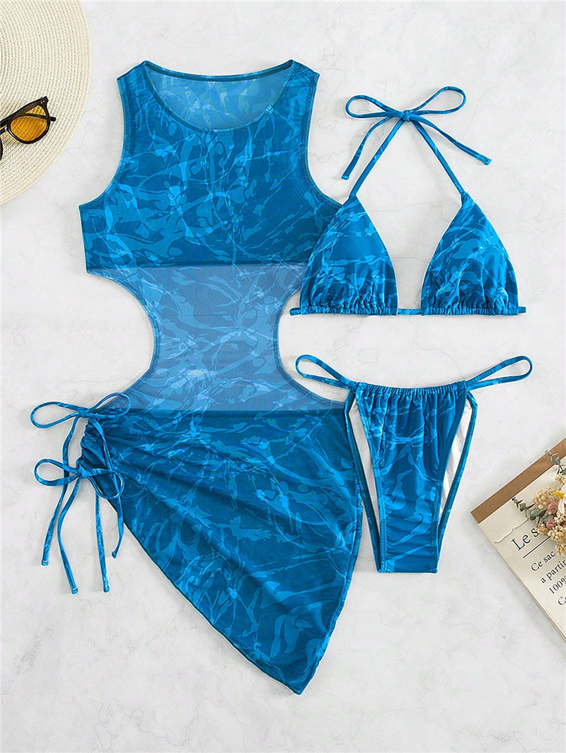 Women's swimsuit set with sheer tunic and bikini top