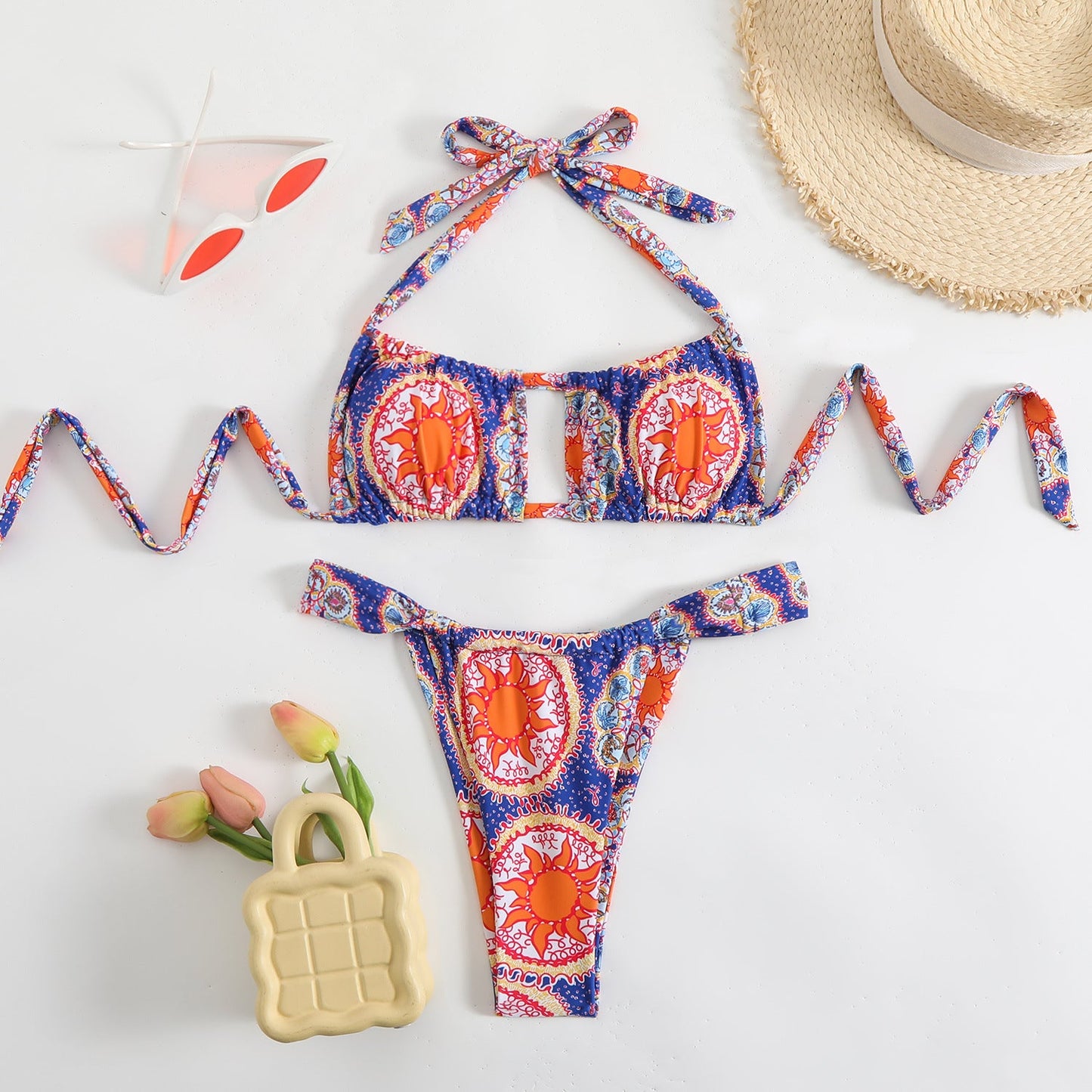 Women's Strappy Tie-Front Bikini Set with Patterned Details by berg-feldt