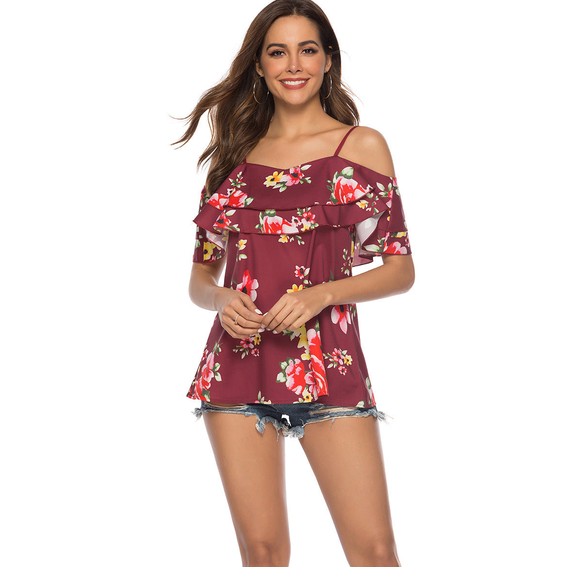 Women's Cold-Shoulder Ruffled Floral Blouse by berg-feldt