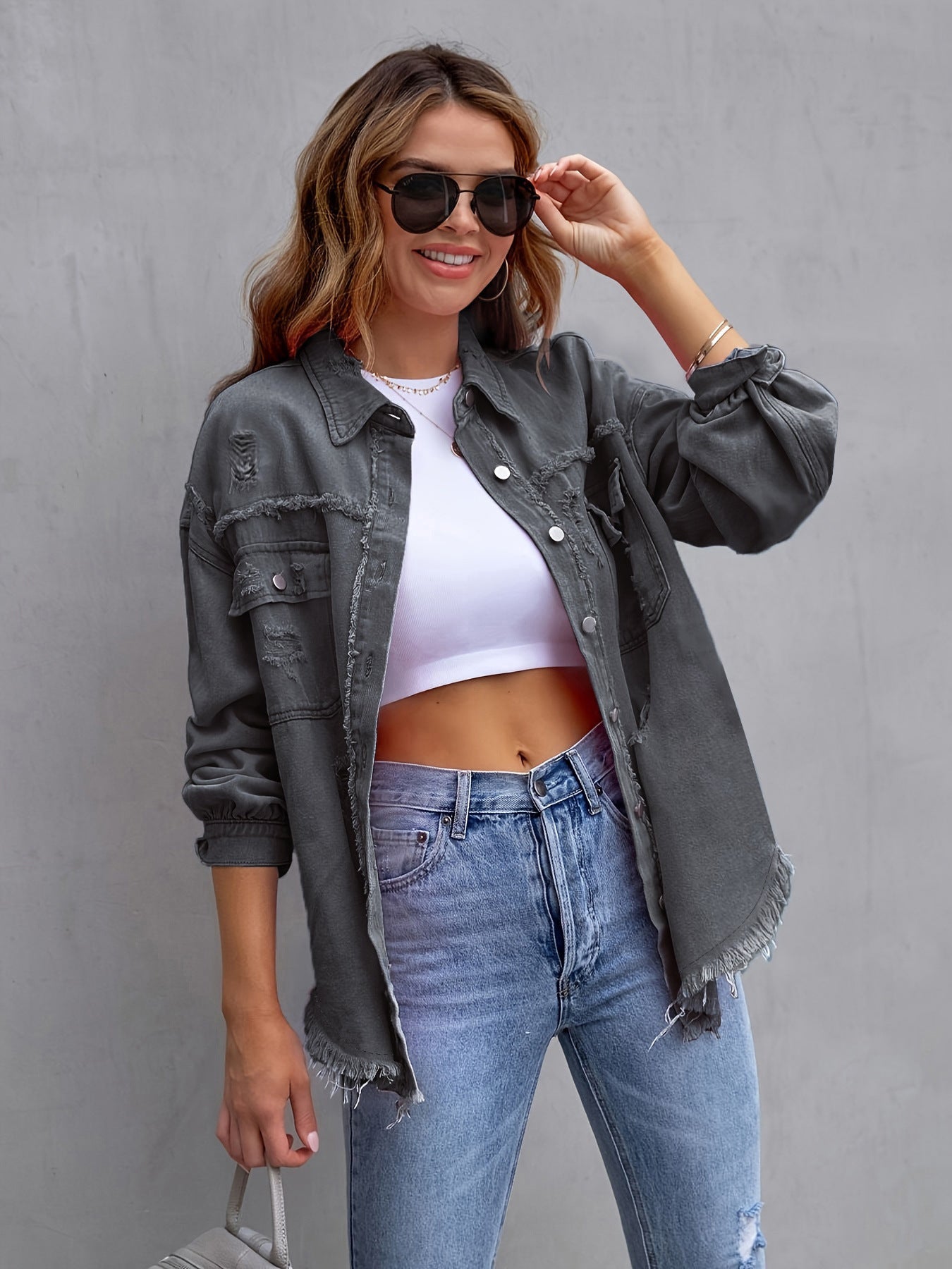 Women's Oversized Distressed Denim Shacket berg-feldt