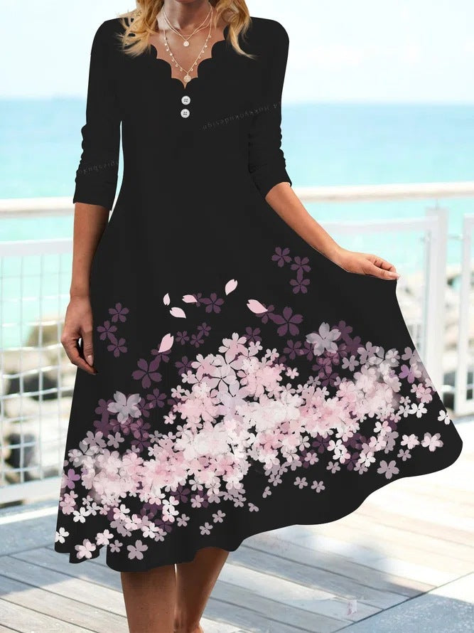 A-Linien Damenkleid mit Blättermuster, Knopfverschluss, berg-feldt Design