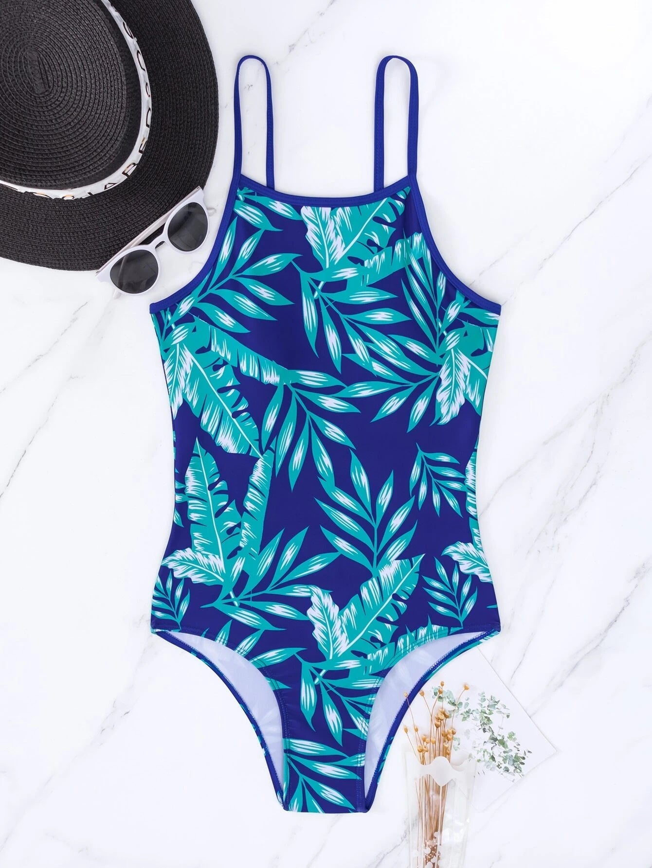 Maillot de bain femme Berg-Feldt imprimé feuilles tropicales, col montant