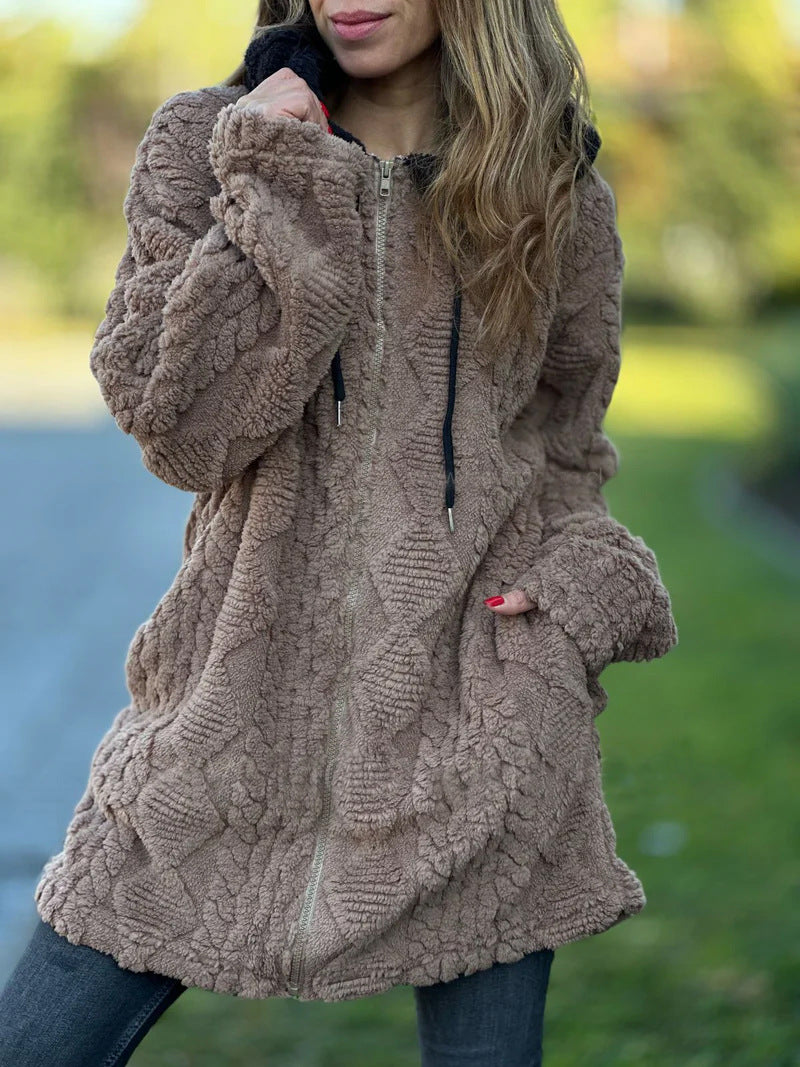 Berg-Feldt | Lange Weinlese Kapuzen Fell Reißverschluss Gestrickte Jacke