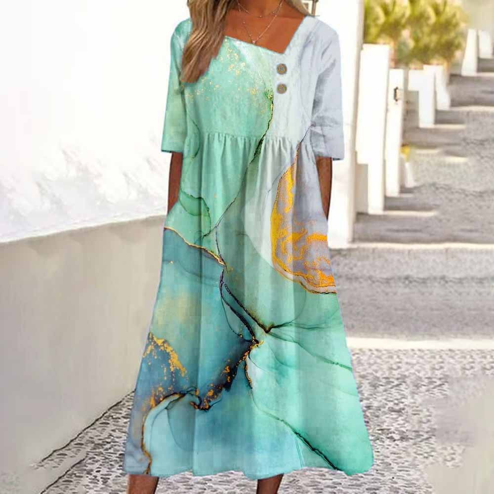 Artistic Print A-Line Midi Dress with Short Sleeves by berg-feldt for Women