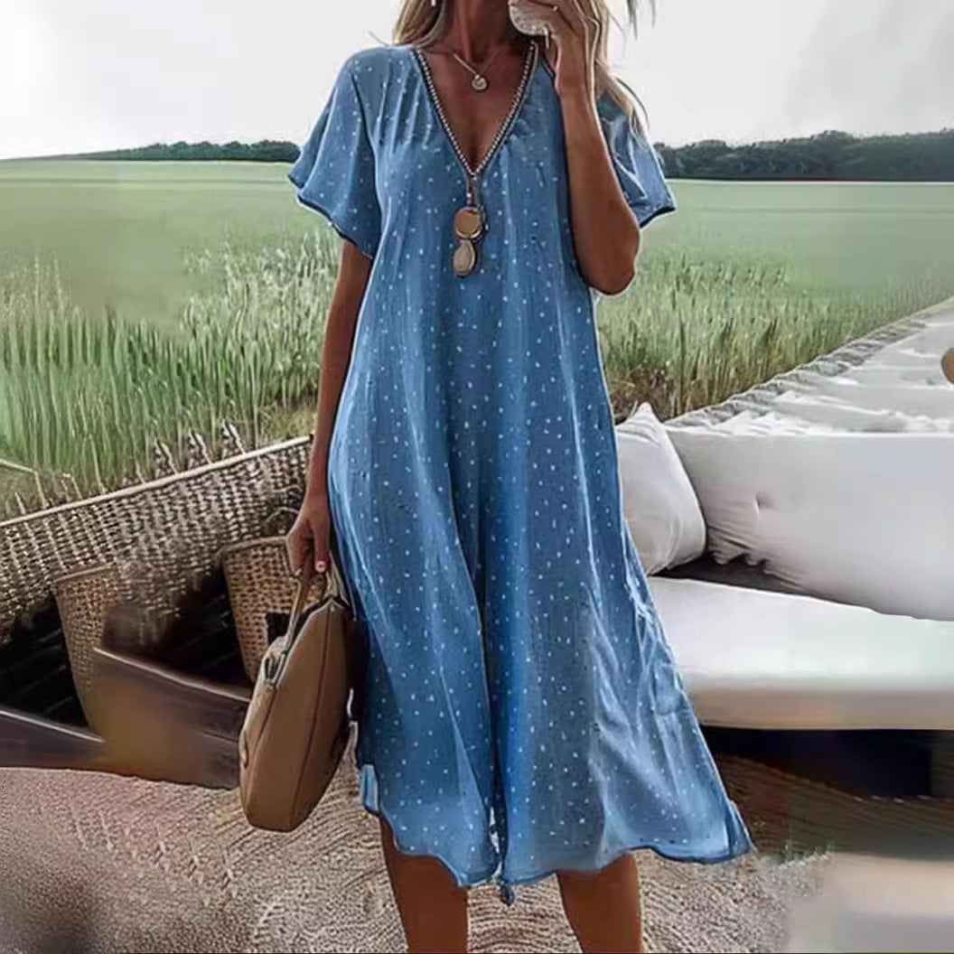 Weites, knielanges Damen-Polka-Dot-Kleid mit V-Ausschnitt von berg-feldt