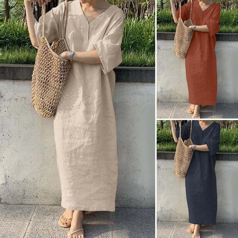Robe en coton et lin Fudus à col en V