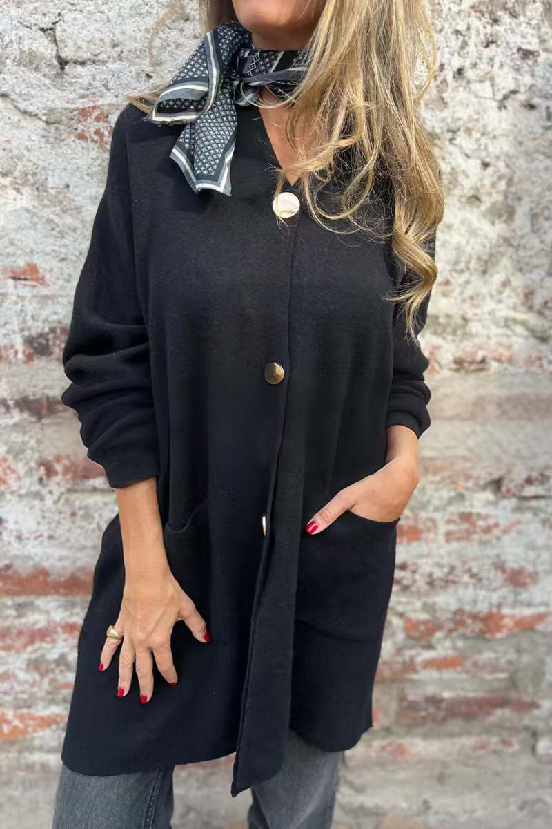 Berg-Feldt | Lange Unifarbene Einreihige V-Ausschnitt Strickjacke Jacke