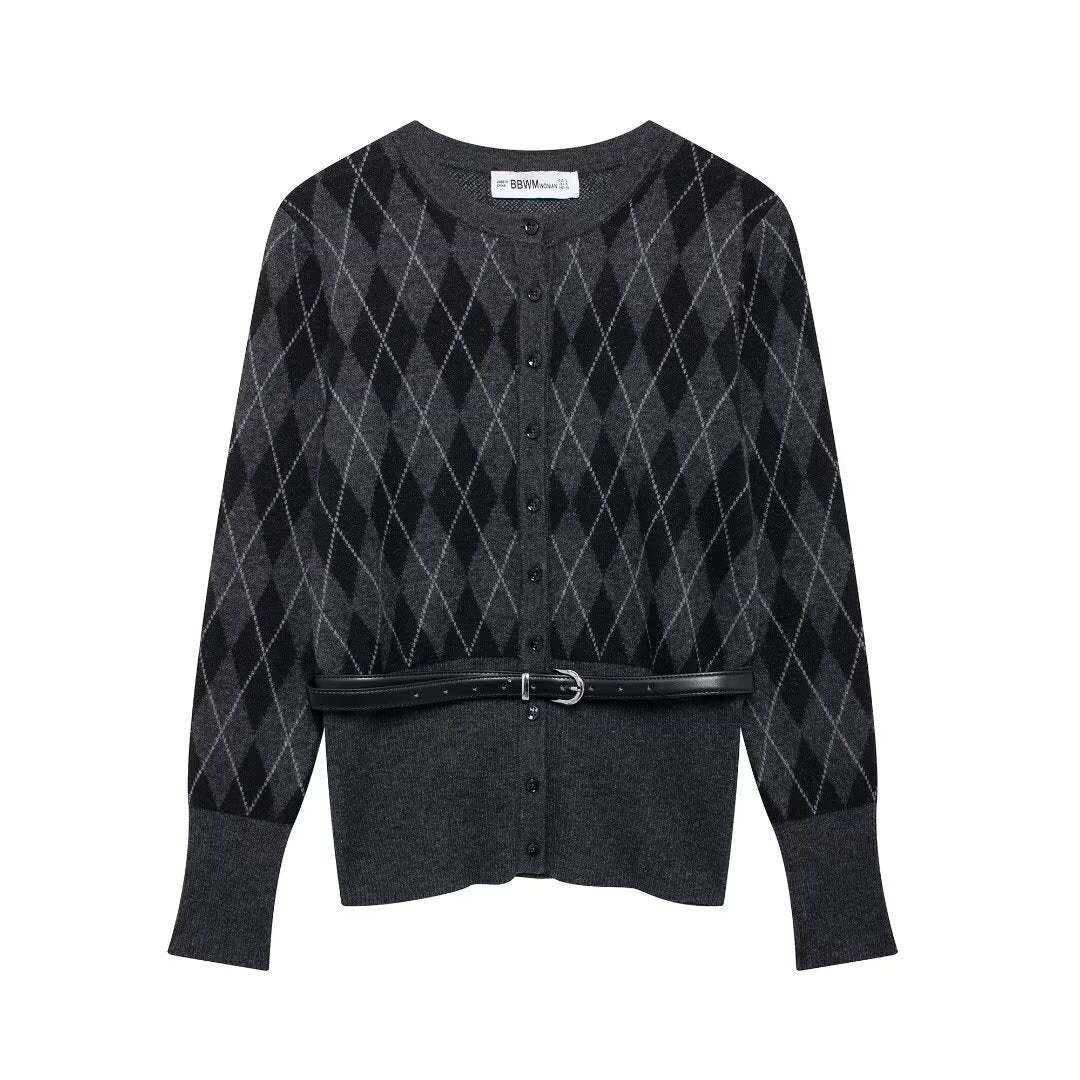 Argyle-Cardigan mit Kunstledergürtel von berg-feldt für Damen