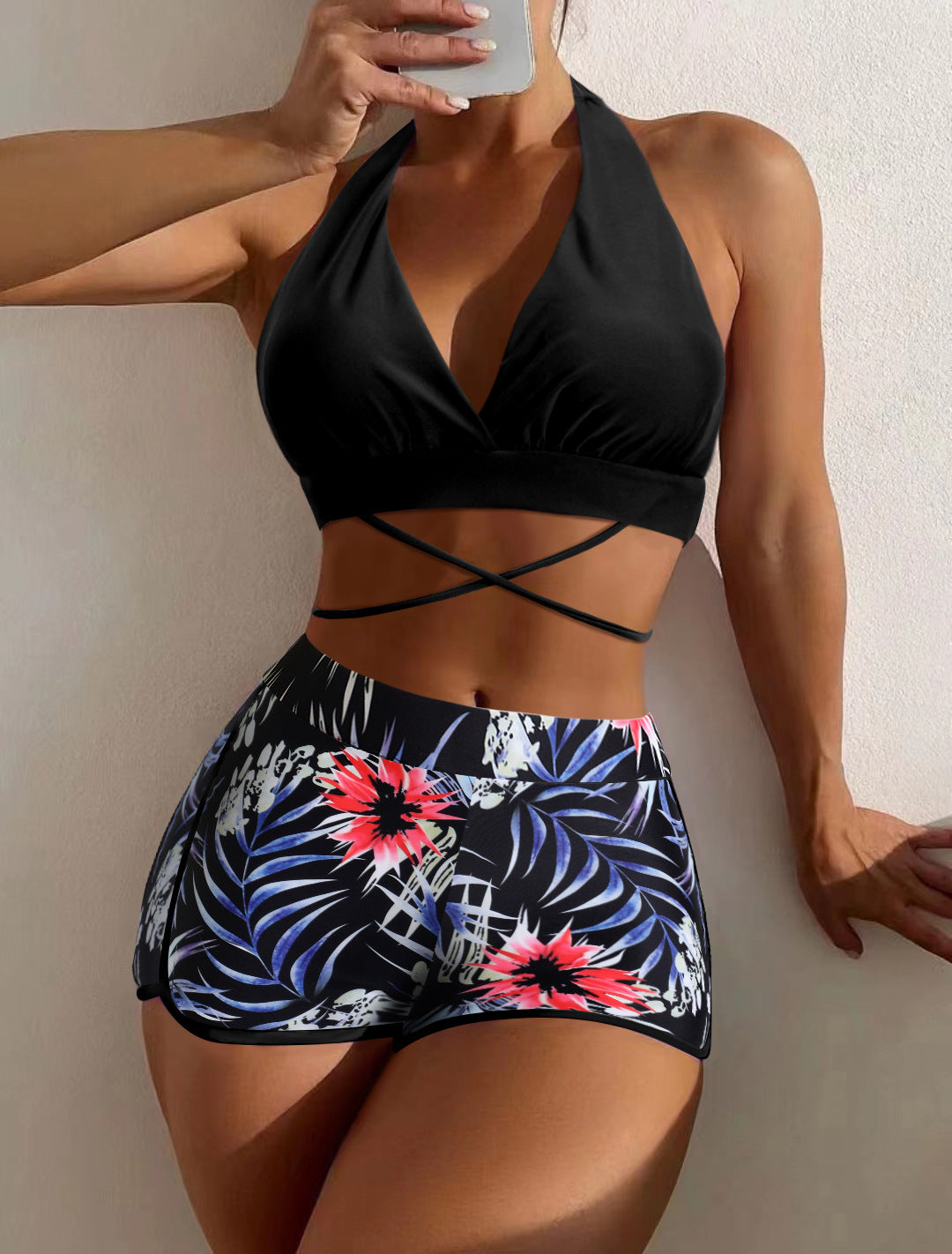 Women's Halter Neck Bikini Top and Floral Print High-Waisted Shorts Set by berg-feldt