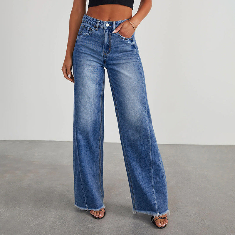 Weite Damen-High-Waist Jeans mit Fransen am Saum von berg-feldt