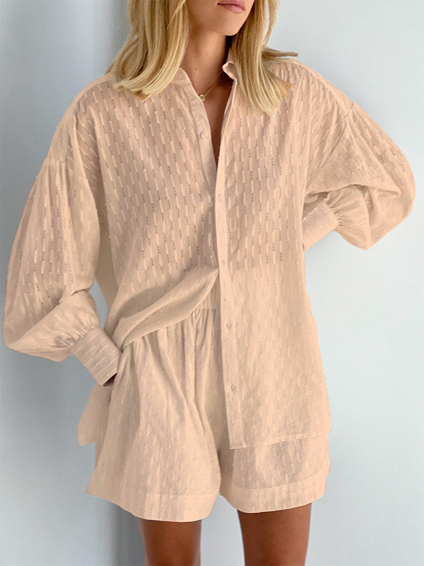 Women's Relaxed Fit Structured Button-Up Shirt and Shorts Set by berg-feldt
