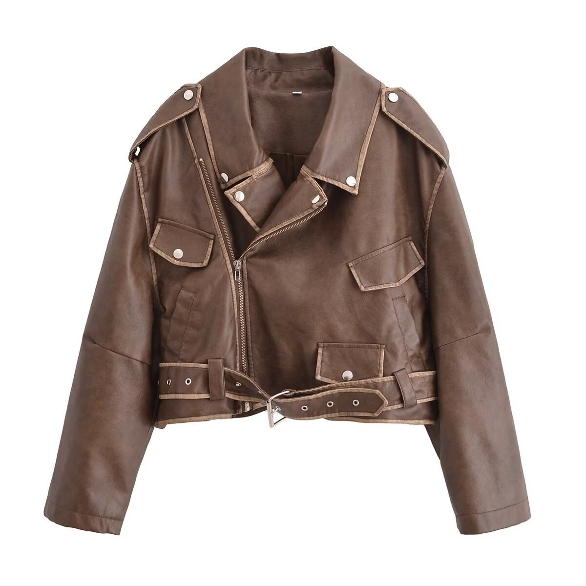 Women's Cropped Faux Leather Motorcycle Jacket with Utility Pockets by berg-feldt