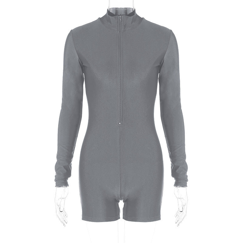 Figurbetonten Damen-Langarm-Jumpsuit mit hohem Kragen, Reißverschluss von berg-feldt