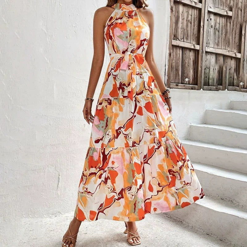 Robe longue légère berg-feldt pour femme, motif aquarelle coloré, avec ceinture