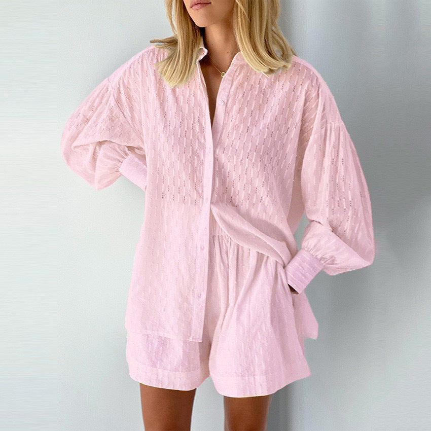 Women's Relaxed Fit Structured Button-Up Shirt and Shorts Set by berg-feldt