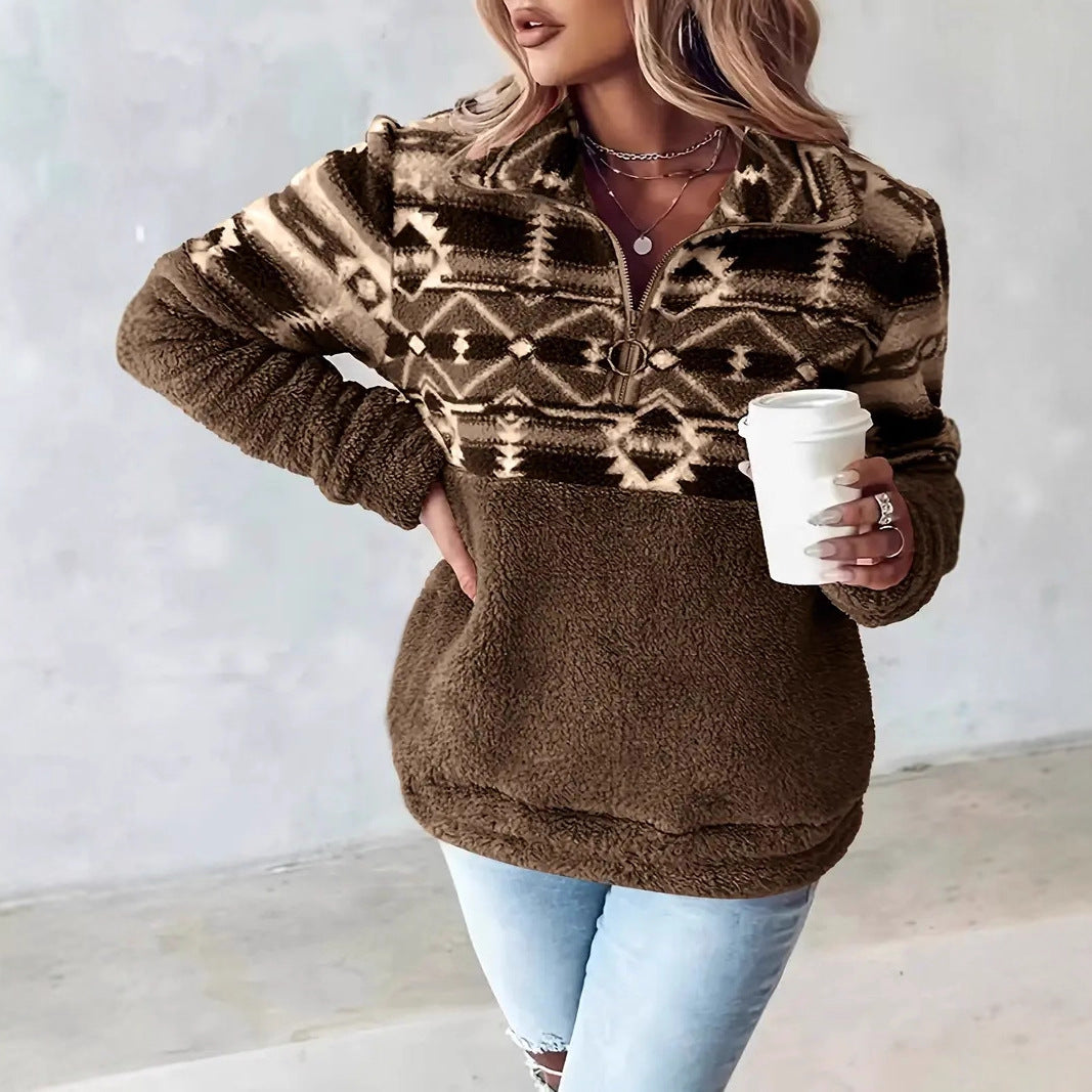 Damen Fleece-Pullover mit modernem Aztekenmuster und Stehkragen Berg-Feldt
