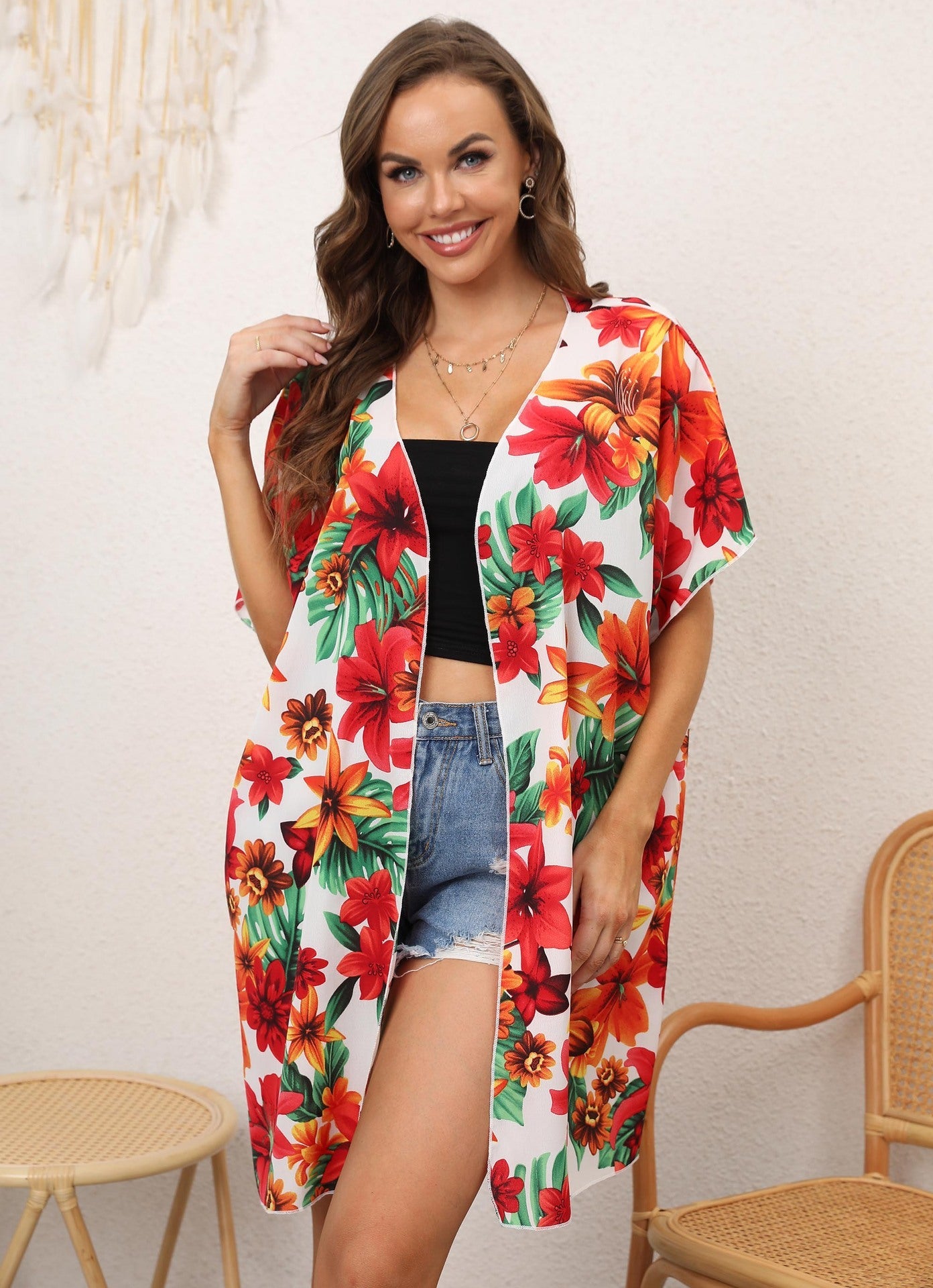 Wickelkimono für Damen mit Blumenmuster und offenem Vorderteil von berg-feldt