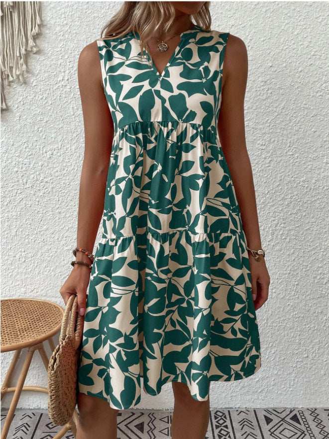 Robe midi étagée pour femme, sans manches, col en V, motif champ de montagne