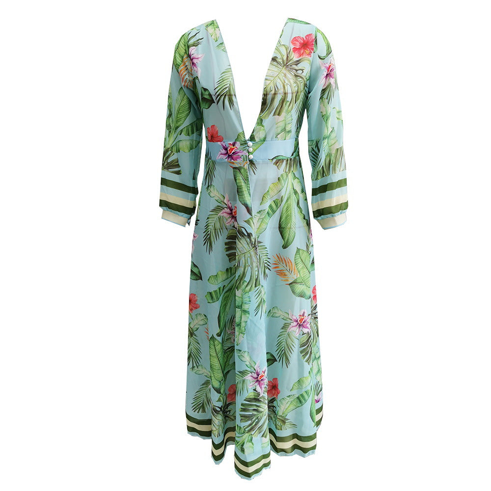 Azurblauer Damen-Strandkimono mit tropischem Blumenmuster und Gürtel von berg-feldt