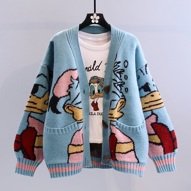Damen Cartoon-Design Strickjacke mit breiten Ärmeln und Taschen Berg-Feldt