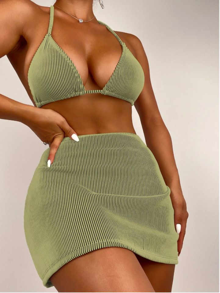 Women's Ribbed Knit Triangle Bikini Top and Mini Skirt Set by Berg-Feldt